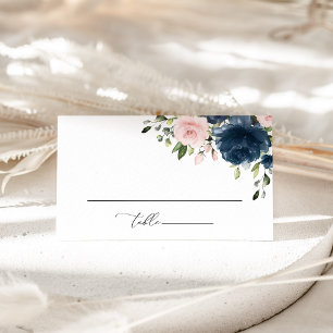 Navy Blue Flowers, Pink Flowers, Floral Wedding Place Card