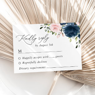 Navy Blue Flowers, Pink Flowers, Floral Wedding RSVP Card