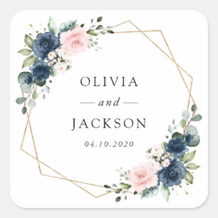 Navy Blue Flowers, Pink Flowers, Floral Wedding Square Sticker
