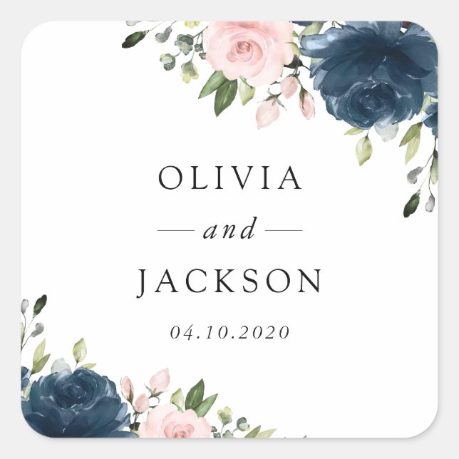 Navy Blue Flowers, Pink Flowers, Floral Wedding Square Sticker (Front)