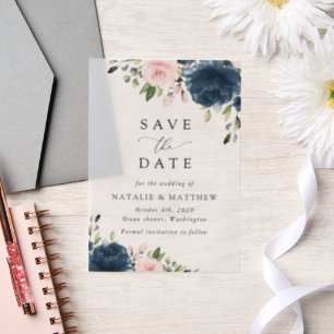 Navy Blue Flowers, Pink Flowers, Floral Wedding Vellum Invitations