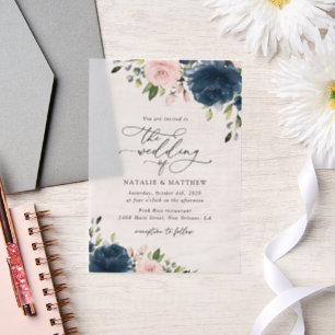 Navy Blue Flowers, Pink Flowers, Floral Wedding Vellum Invitations