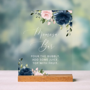 Navy Blue Flowers, Pink Flowers, Momosa Bar Acrylic Sign