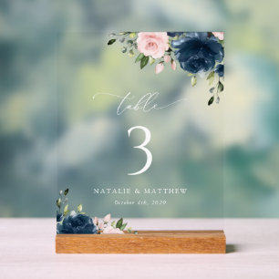 Navy Blue Flowers, Pink Flowers, Table Numbers Acrylic Sign
