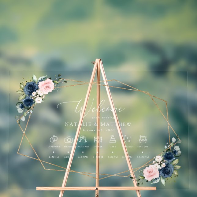 Navy Blue Flowers, Pink Flowers, Wedding Timeline Acrylic Sign (Neutral)