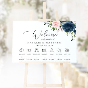 Navy Blue Flowers, Pink Flowers, Wedding Timeline Poster