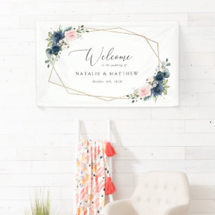 Navy Blue Flowers, Pink Flowers, Wedding Welcome Banner