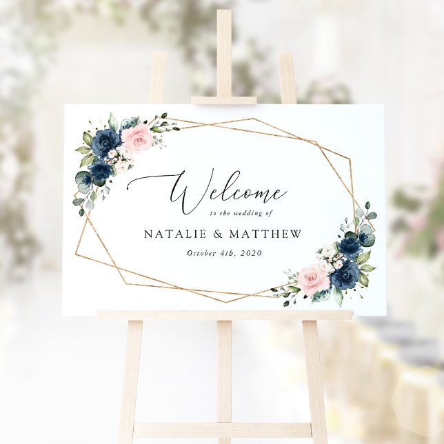 Navy Blue Flowers, Pink Flowers, Wedding Welcome Poster (Creator Uploaded)