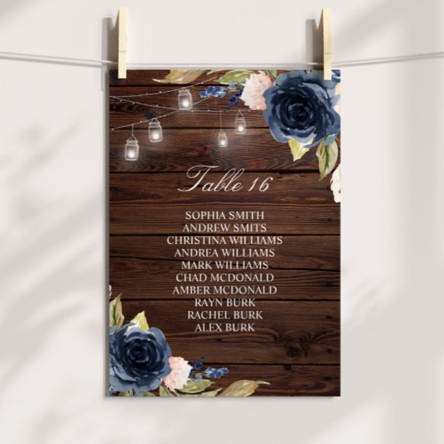 Navy Blue Flowers Rustic Seating Chart Card (Creator Uploaded)