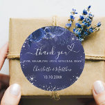 Navy blue flowers silver wedding thank you classic round sticker<br><div class="desc">A navy blue background decorated with blue flowers and faux silver sparkles. The blue colour is uneven.  Personalise and add your names and wedding date. With the text: Thank you for sharing our special day.</div>