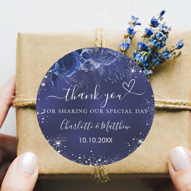 Navy blue flowers silver wedding thank you classic round sticker (Creator Uploaded)