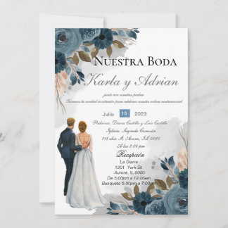 Navy blue Flowers Wedding Invitation