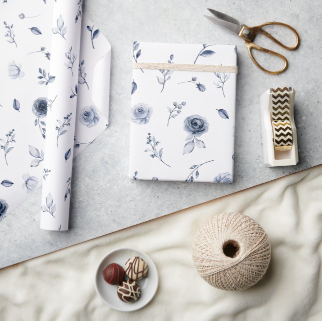 Navy Blue Flowers Wrapping Paper (Crafts)