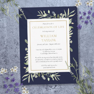 Navy Blue Foliage Celebration of Life Invitation Postcard