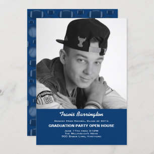 Navy Blue Football Photo Guy Grad Party Invitation
