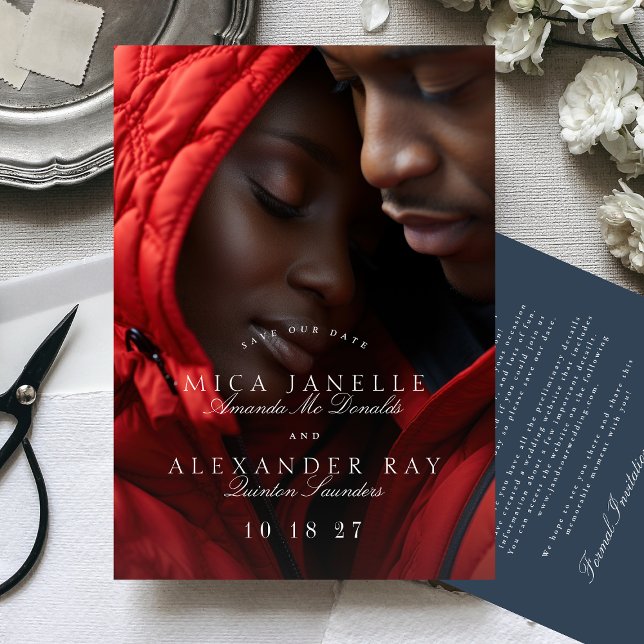 Navy Blue Formal Classic Elegant Calligraphy Photo Save The Date (Creator Uploaded)