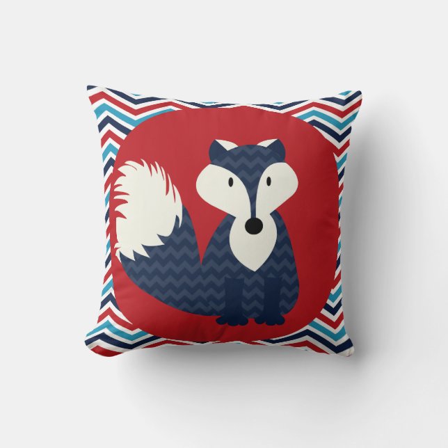Navy Blue Fox on Red Throw Pillow (Front)