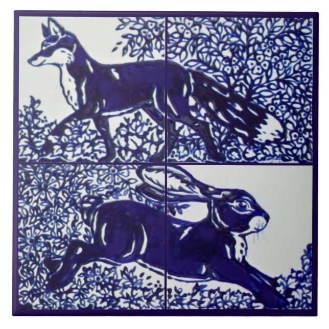 Navy Blue Fox Rabbit Woodland Floral Ceramic Mural Ceramic Tile (Front)