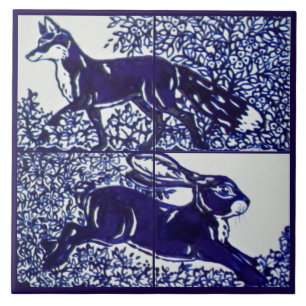 Navy Blue Fox Rabbit Woodland Floral Ceramic Mural Tile