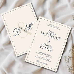 Navy Blue Frame Initial Quiet Old Money Wedding Invitation