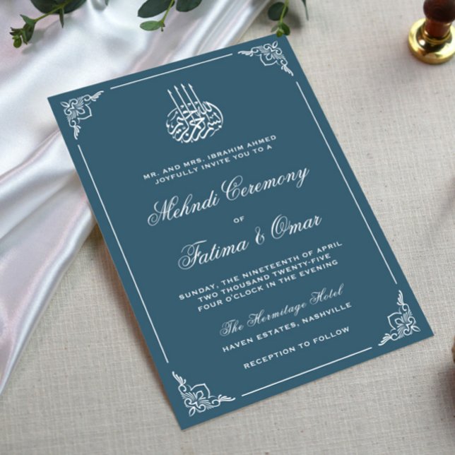Navy Blue Frame Islamic Muslim Mehndi Ceremony Invitation (Creator Uploaded)