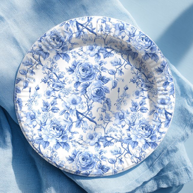 Navy Blue French Toile Roses Floral Paper Plates (Navy Blue French Toile Roses Floral Paper Plates)