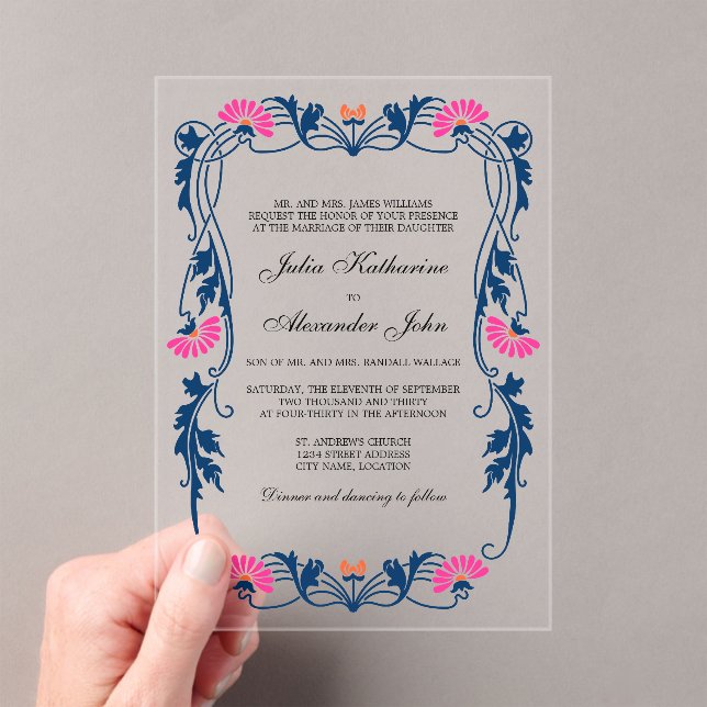 Navy Blue & Fuchsia Floral Swirls Acrylic Invitations (Insitu (Handheld))