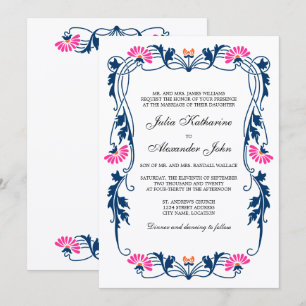 Navy Blue & Fuchsia Floral Swirls Wedding Invitation