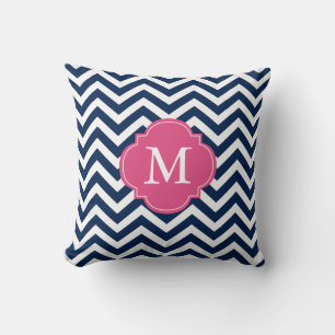 Navy Blue Fuschia Zigzag Pattern Monogram Cushion