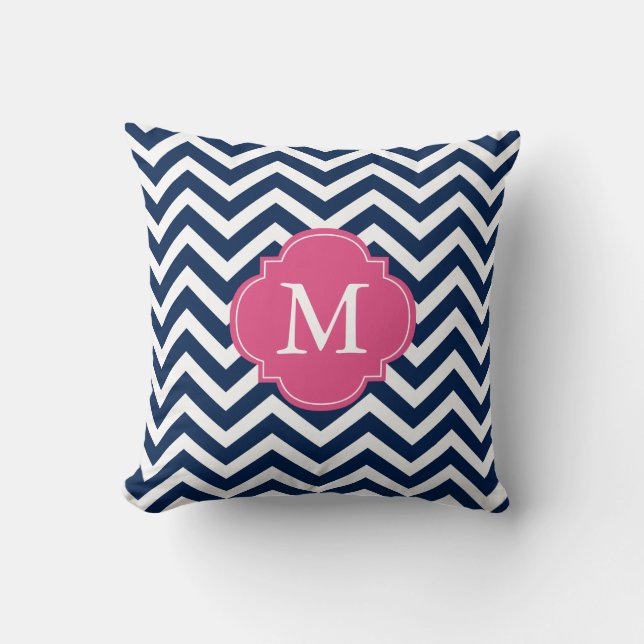 Navy Blue Fuschia Zigzag Pattern Monogram Cushion (Front)