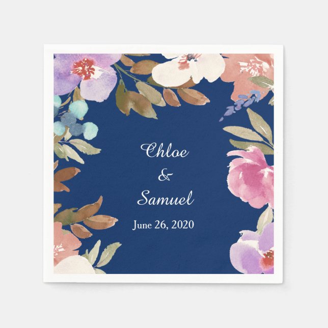 Navy Blue Garden Floral Wedding Napkin (Front)
