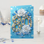Navy Blue Gems & Gold Pearl 80th Birthday Greeting Card<br><div class="desc">This elegant 80th birthday card design features the number "80" crafted in golden filigree, adorned with luminous pearls and radiant navy blue gems. Two pristine white roses, symbols of grace, rest among sparkling diamond-like accents and pearls. The light blue backdrop with a bokeh-like pattern creates a dreamy, celebratory feel. This...</div>