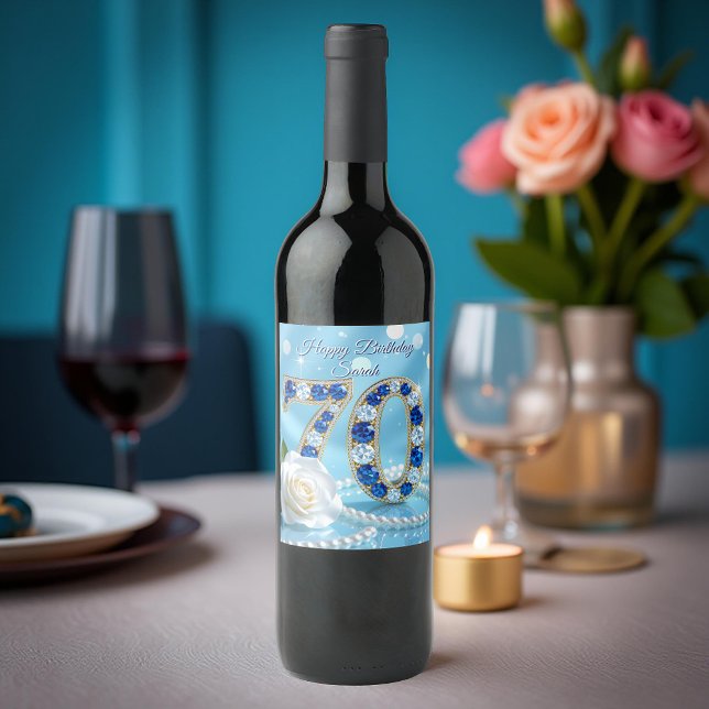 Navy Blue Gems Pearls & White Rose 70th Birthday Wine Label (Creator Uploaded)