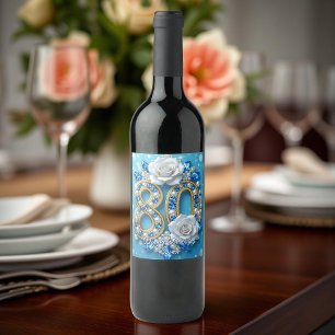 Navy Blue Gems Pearls & White Roses 80th Birthday  Wine Label