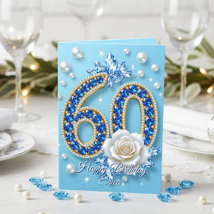 Navy Blue Gems White Rose and Pearls 60th Birthday Card