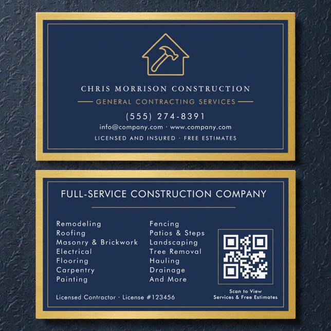 Navy Blue General Contractor QR Code Gold Metallic Business Card (Creator Uploaded)