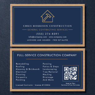 Navy Blue General Contractor QR Code Wood Business Card