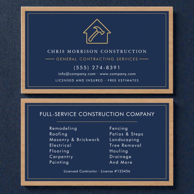 Navy Blue General Contractor Wood  Business Card (Creator Uploaded)