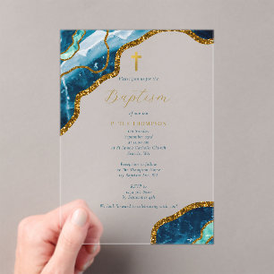 Navy Blue Geode Agate Gold Cross Baptism Acrylic Invitations