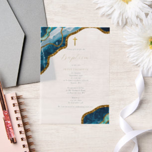 Navy Blue Geode Agate Gold Cross Baptism Vellum Invitations