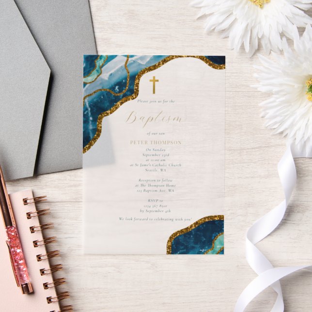 Navy Blue Geode Agate Gold Cross Baptism Vellum Invitations (Wedding)