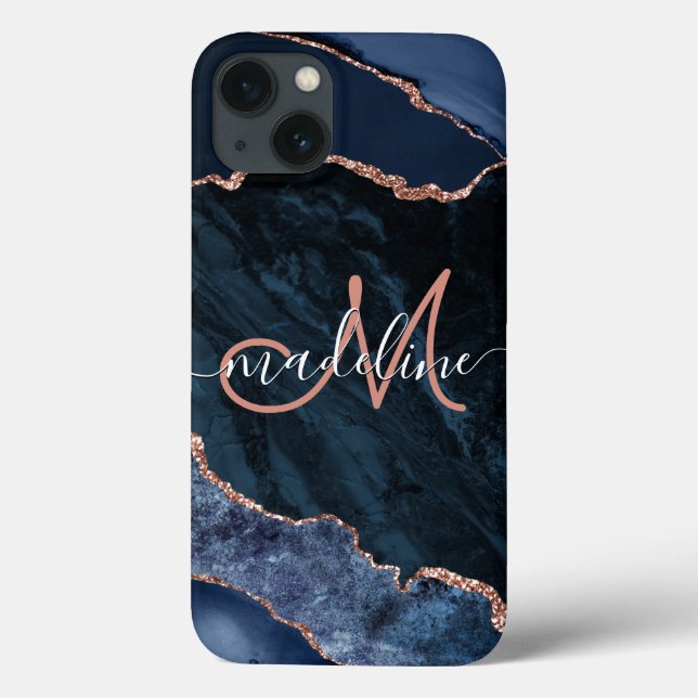 Navy Blue Geode Agate Rose Glitter Monogrammed Case-Mate iPhone Case (Back)