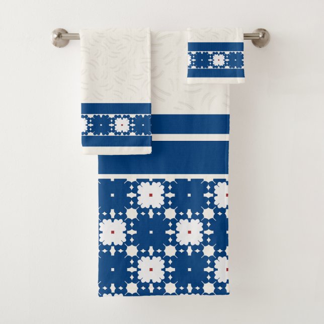 Navy Blue Geometric Floral Embossed Pattern Bath Towel Set (Insitu)
