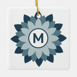 Navy Blue Geometric Floral Medallion Abstract Ceramic Ornament