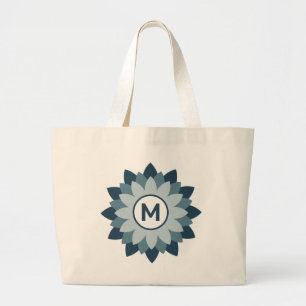 Navy Blue Geometric Floral Medallion Abstract Large Tote Bag