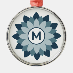 Navy Blue Geometric Floral Medallion Abstract Metal Ornament