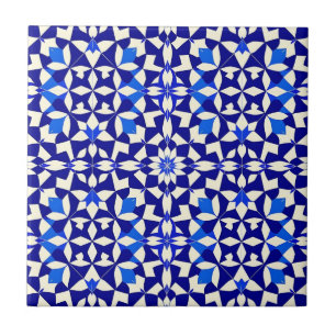 Navy Blue Geometric Floral Pattern Ceramic Tile