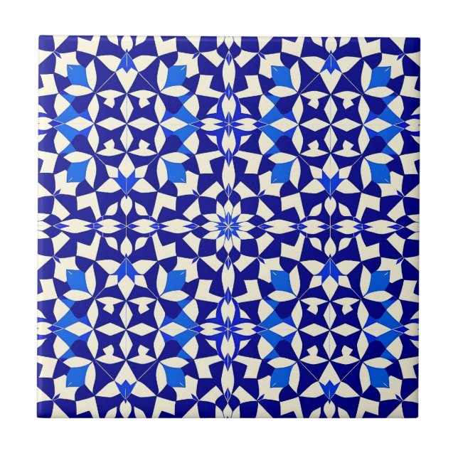 Navy Blue Geometric Floral Pattern Ceramic Tile (Front)