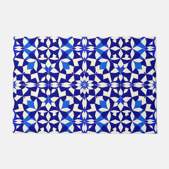 Navy Blue Geometric Floral Pattern Doormat (Front)