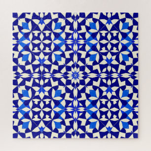 Navy Blue Geometric Floral Pattern Jigsaw Puzzle